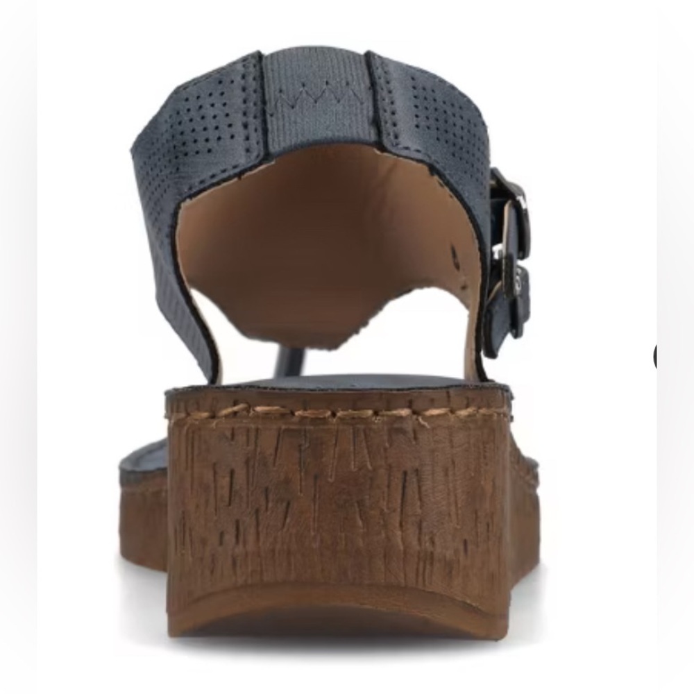 Gray and Brown Wedge Sandals with T-Strap Design - Picture 7 of 10